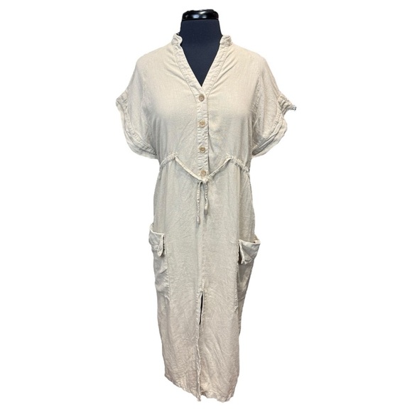NWOT Zara Linen Blend Cinch Waist Pocket Midi Dress Size XS - Picture 1 of 9